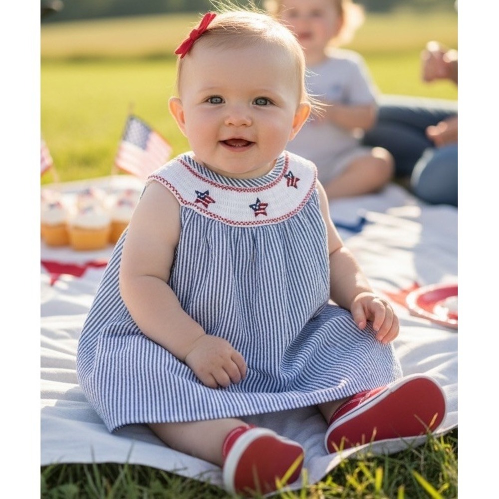 Goodland Baby Girls Beach Seersucker Smocked Dress 3 6 Months Red White Blue M